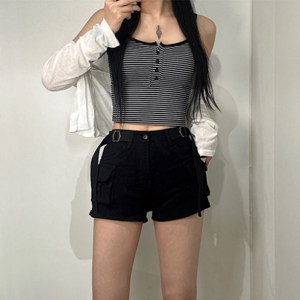 여성 벨트 SET 골반 볼륨 업 반바지 카고 숏팬츠 핫팬츠 버클 블랙 카키 베이지 화이트 - 상세 이미지 4