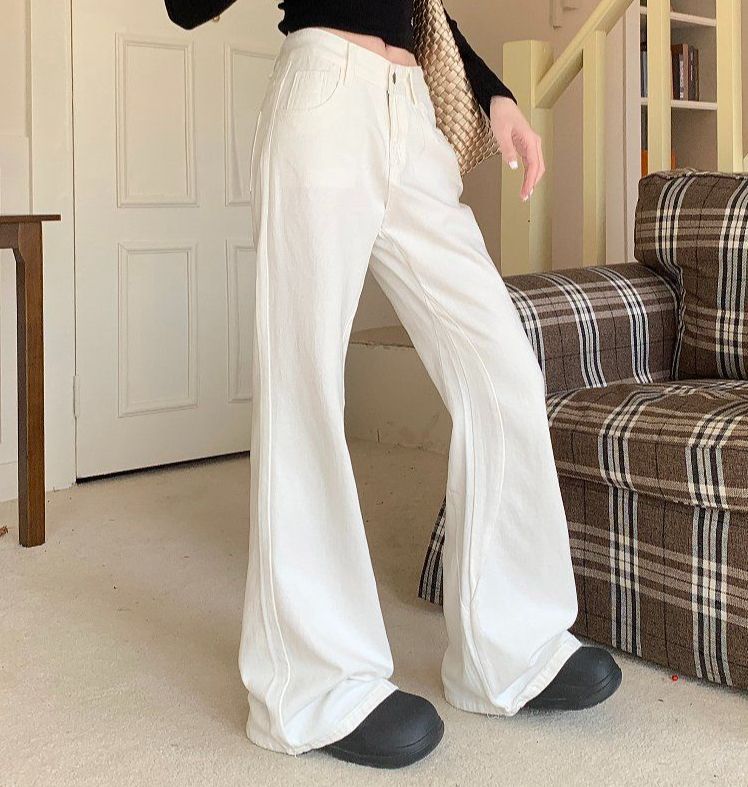 봄 가을 여성 하이웨스트 루즈핏 세미 부츠컷 와이드 롱 면 팬츠 바지 블랙 화이트 - 상품 이미지