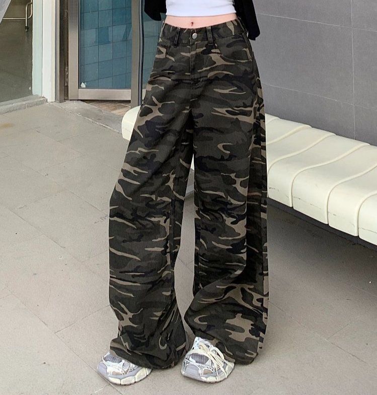 봄 가을 여성 루즈핏 밀리터리 카모 카무플라주 와이드 롱 면 팬츠 바지 - 상품 이미지