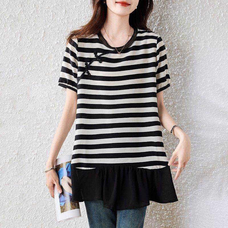 봄 여름 여성 캐주얼 스트라이프 버튼 플레어 밑단 라운드넥 루즈핏 빅사이즈 반팔 원피스 블랙 - 상품 이미지