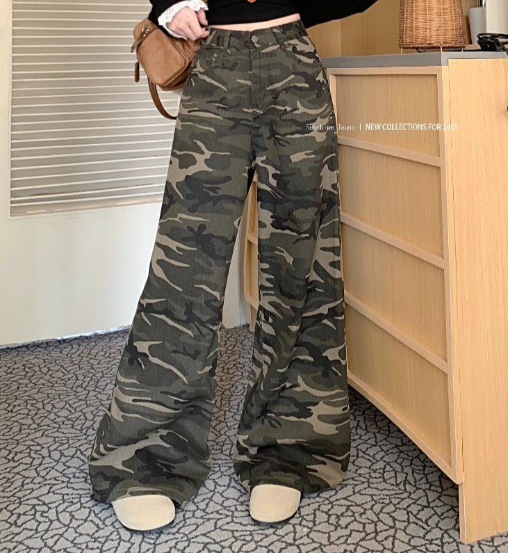 봄 가을 여성 하이웨스트 루즈핏 밀리터리 카모 카무플라주 와이드 롱 면 팬츠 바지 - 상품 이미지