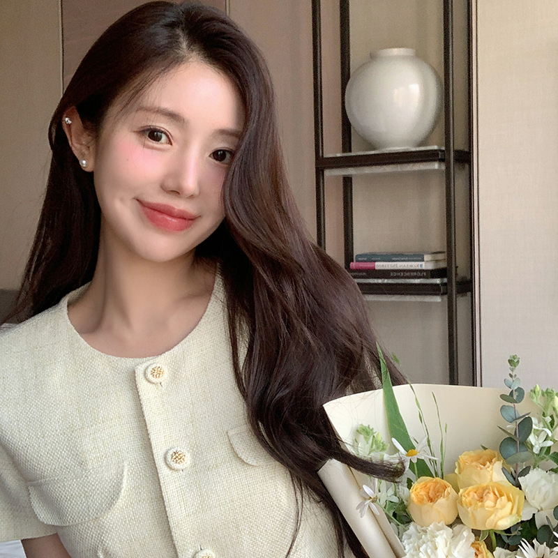 모디프 포켓 버튼 트위드 H라인 롱 반팔 원피스 op16035