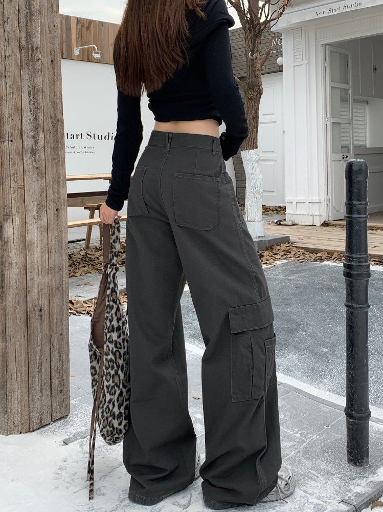 가을 여성 하이웨이스트 루즈핏 카고 포켓 와이드 롱 면 팬츠 바지 아이보리 그레이 - 상세 이미지 5