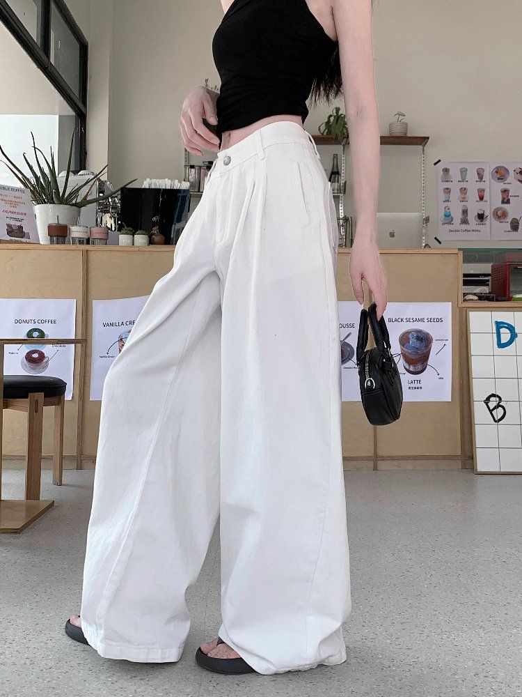 봄 여름 여성 하이웨이스트 루즈핏 핀턱 워싱 와이드 롱 면 팬츠 바지 화이트 - 상세 이미지 3