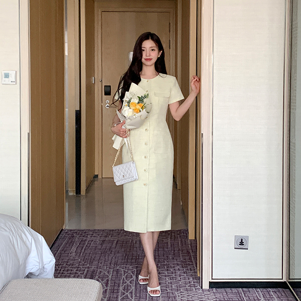 모디프 포켓 버튼 트위드 H라인 롱 반팔 원피스 op16035