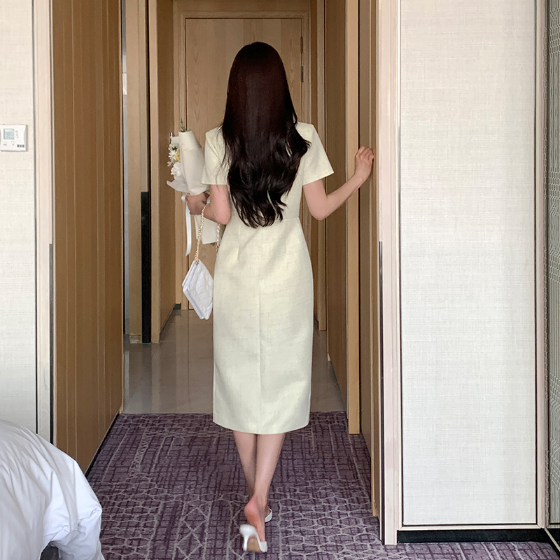 모디프 포켓 버튼 트위드 H라인 롱 반팔 원피스 op16035