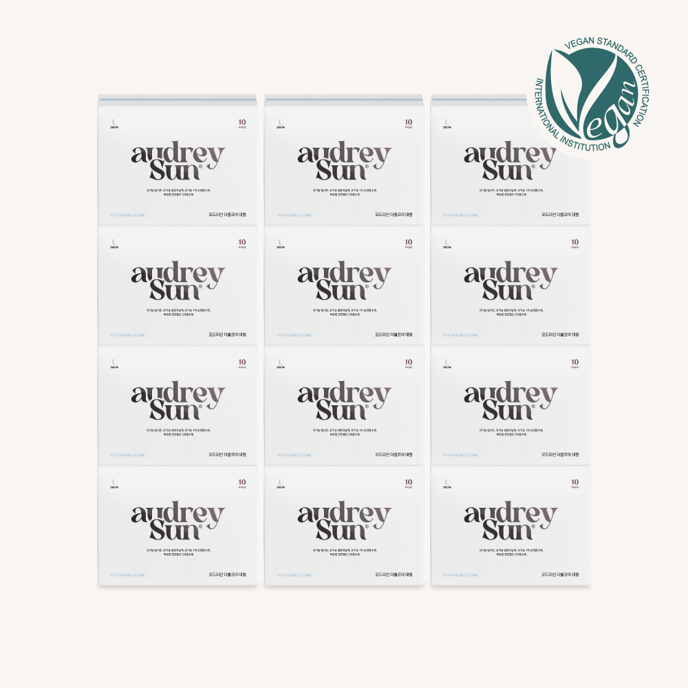 오드리선 더블코어 유기농 순면 생리대 TCF 비건 대형 10pcs X 12팩 - 상품 이미지