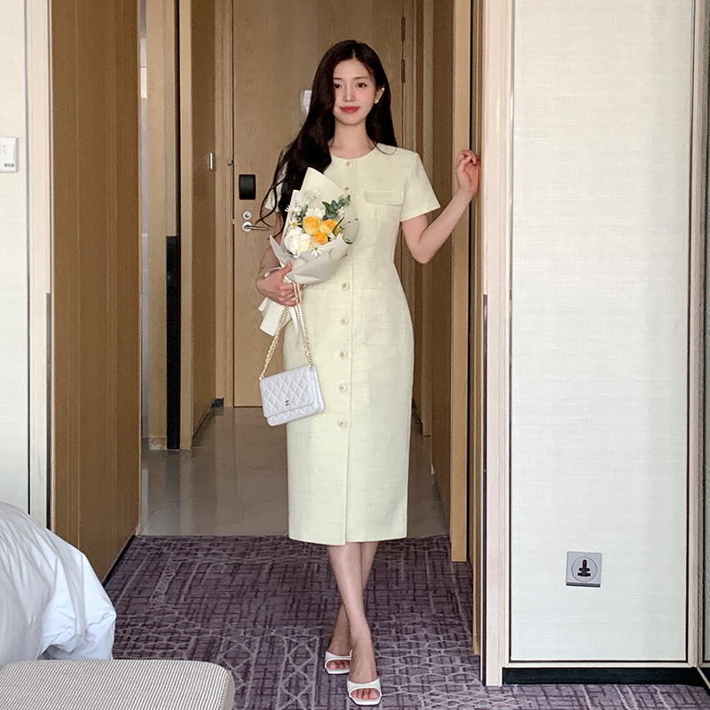 모디프 포켓 버튼 트위드 H라인 롱 반팔 원피스 op16035