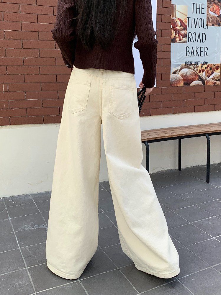 겨울 여성 하이웨이스트 루즈핏 기본 데일리 와이드 롱 면 팬츠 바지 브라운 아이보리 블랙 - 상세 이미지 4