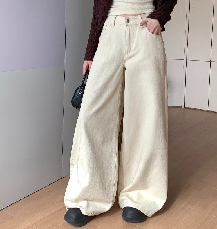 겨울 여성 하이웨이스트 루즈핏 기본 데일리 와이드 롱 면 팬츠 바지 브라운 아이보리 블랙 - 상품 이미지