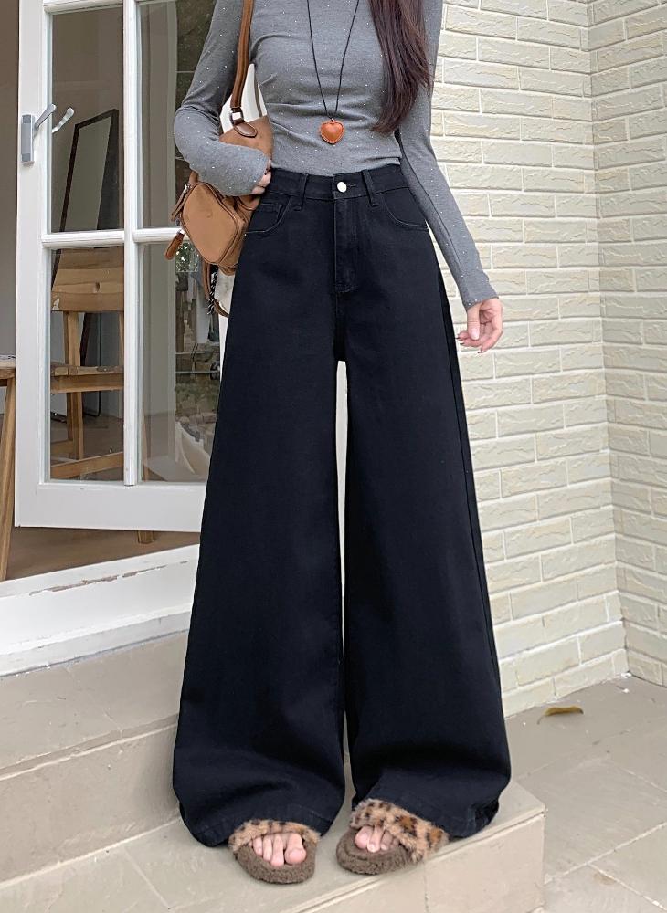 겨울 여성 하이웨이스트 루즈핏 기본 데일리 와이드 롱 면 팬츠 바지 브라운 아이보리 블랙 - 상세 이미지 5