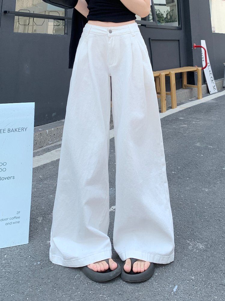봄 여름 여성 하이웨이스트 루즈핏 핀턱 워싱 와이드 롱 면 팬츠 바지 화이트 - 상세 이미지 4