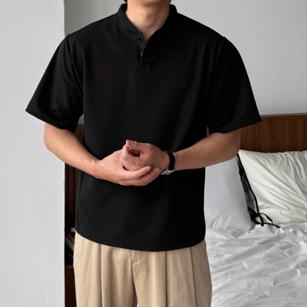 1+1 남자 릭드 오버핏 여름 헨리넥 차이나 반팔티 - 메인 이미지