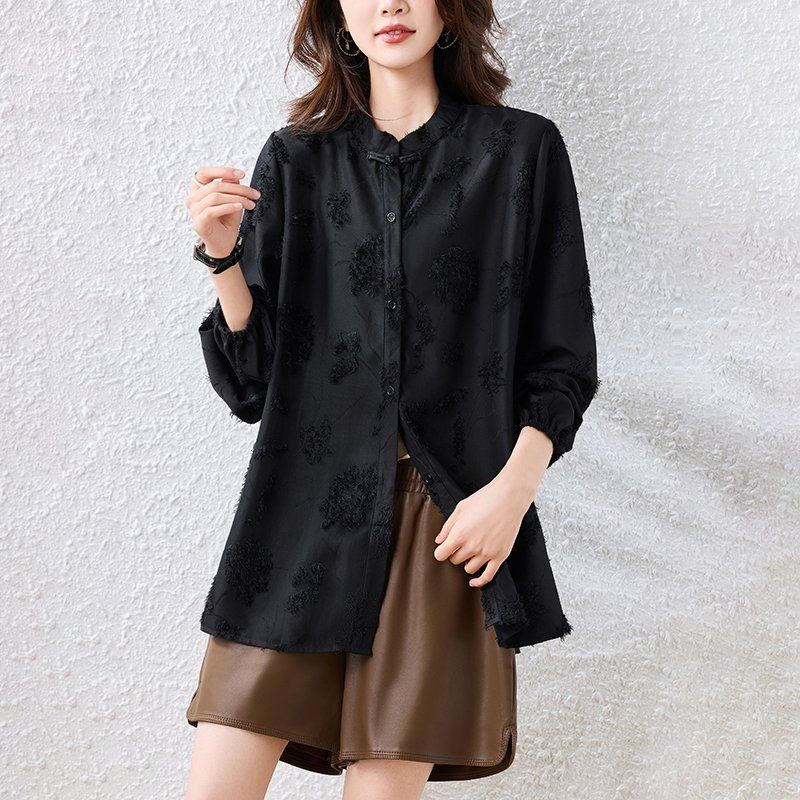 봄 가을 여성 레트로 엠보 자수 차이나카라 버튼 루즈핏 빅사이즈 긴팔 블라우스 블랙