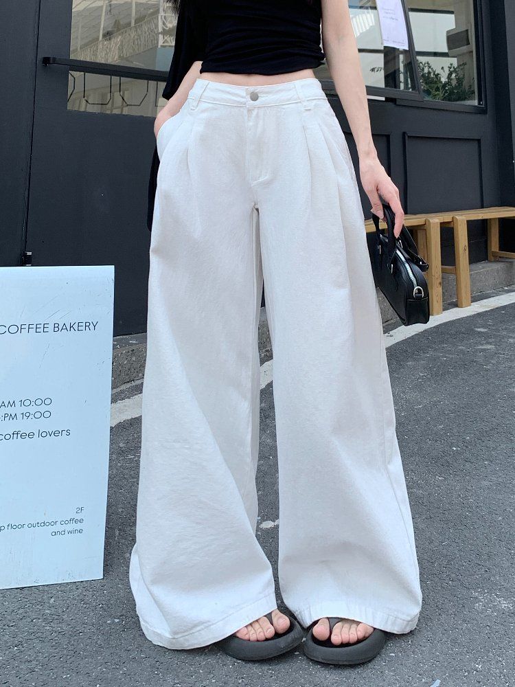 봄 여름 여성 하이웨이스트 루즈핏 핀턱 워싱 와이드 롱 면 팬츠 바지 화이트 - 상세 이미지 2