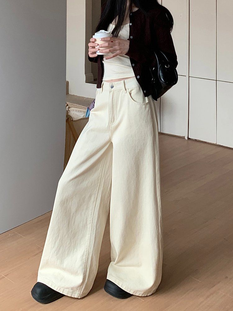 겨울 여성 하이웨이스트 루즈핏 기본 데일리 와이드 롱 면 팬츠 바지 브라운 아이보리 블랙 - 상세 이미지 2