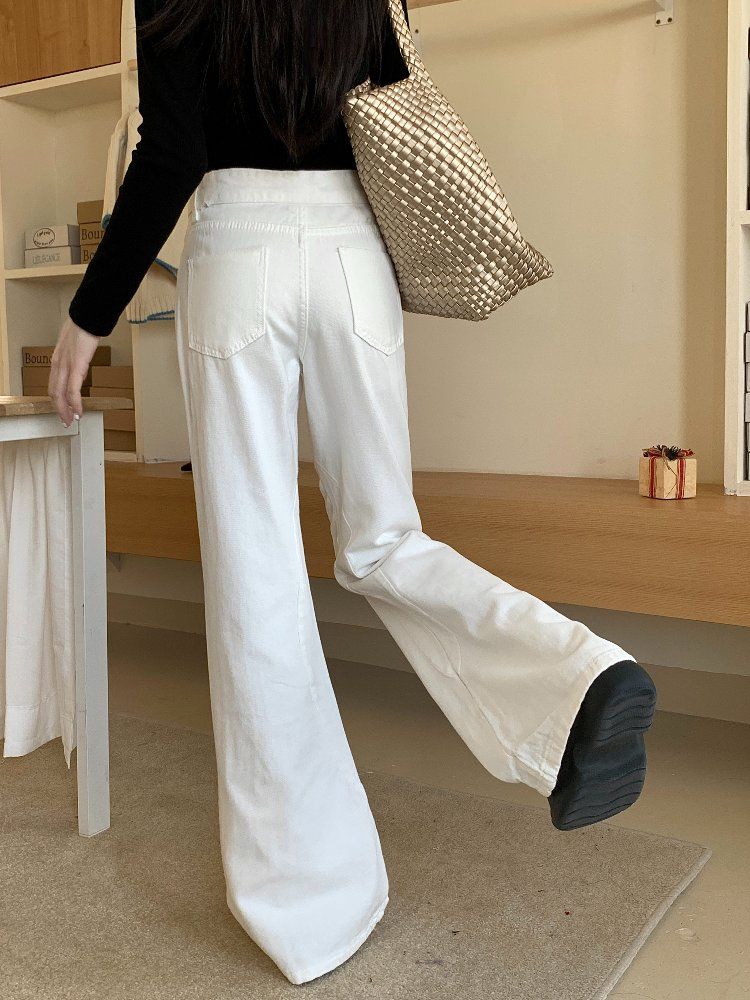 봄 가을 여성 하이웨스트 루즈핏 세미 부츠컷 와이드 롱 면 팬츠 바지 블랙 화이트 - 상세 이미지 4