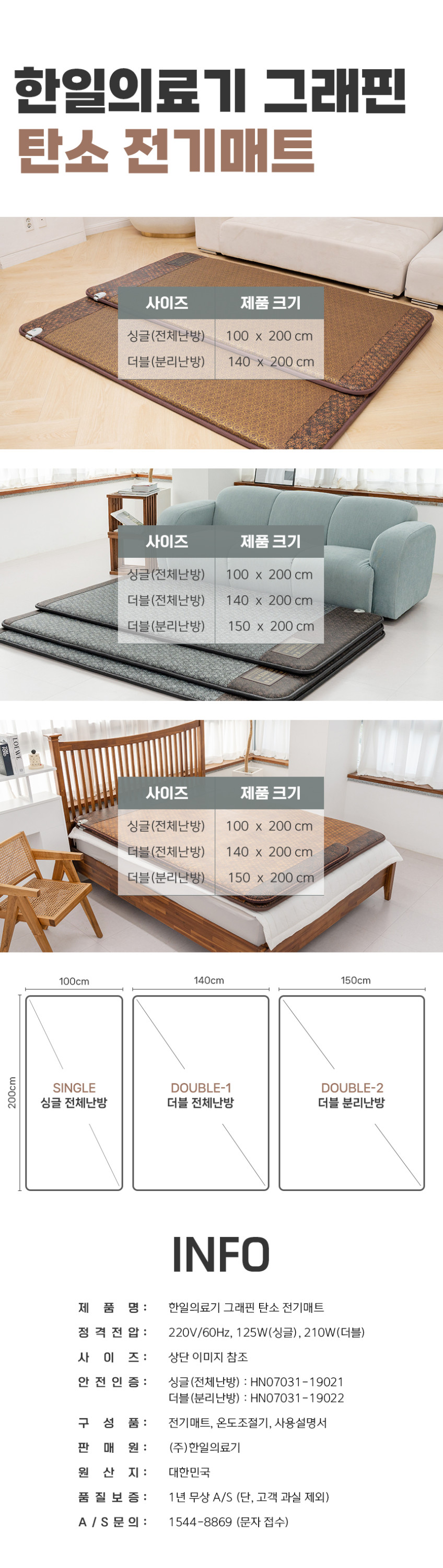 한일의료기 전기장판 전기매트 EMF 전자파없는 온열매트 난방 거실용 황토참숯 싱글 판매처 상세 정보 이미지 3