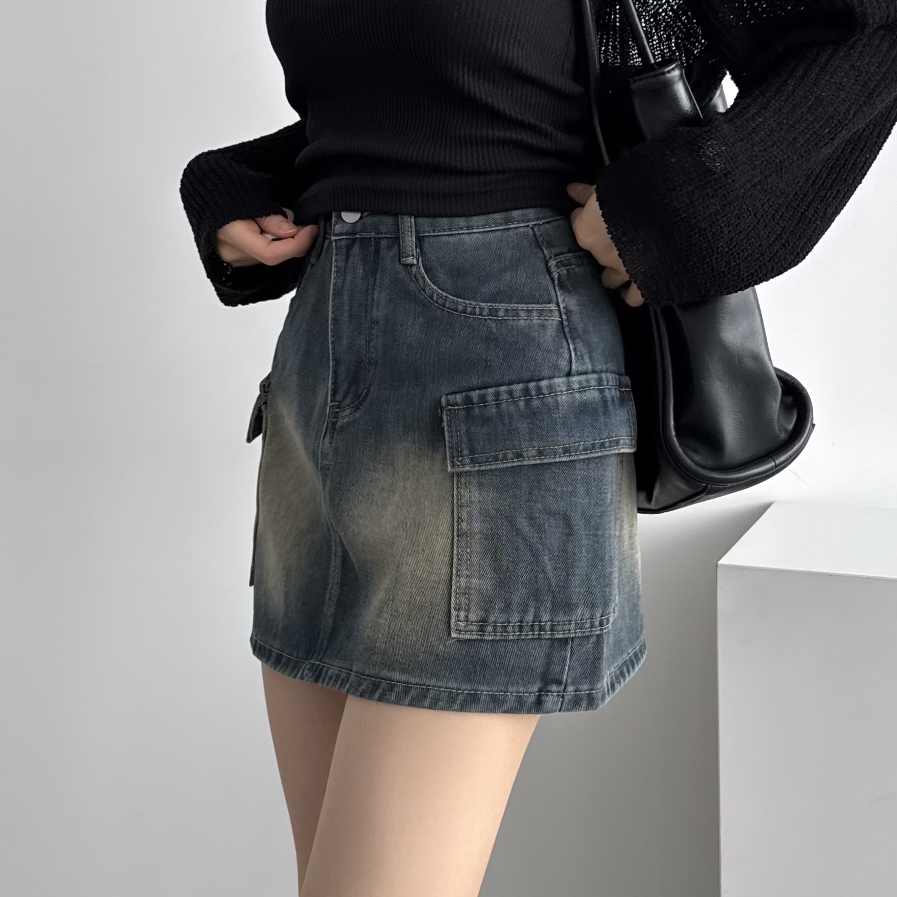 청치마 카고 데님 미니 플레어 스커트 - 상세 이미지 5
