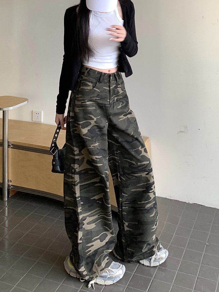 봄 가을 여성 루즈핏 밀리터리 카모 카무플라주 와이드 롱 면 팬츠 바지 - 상세 이미지 2