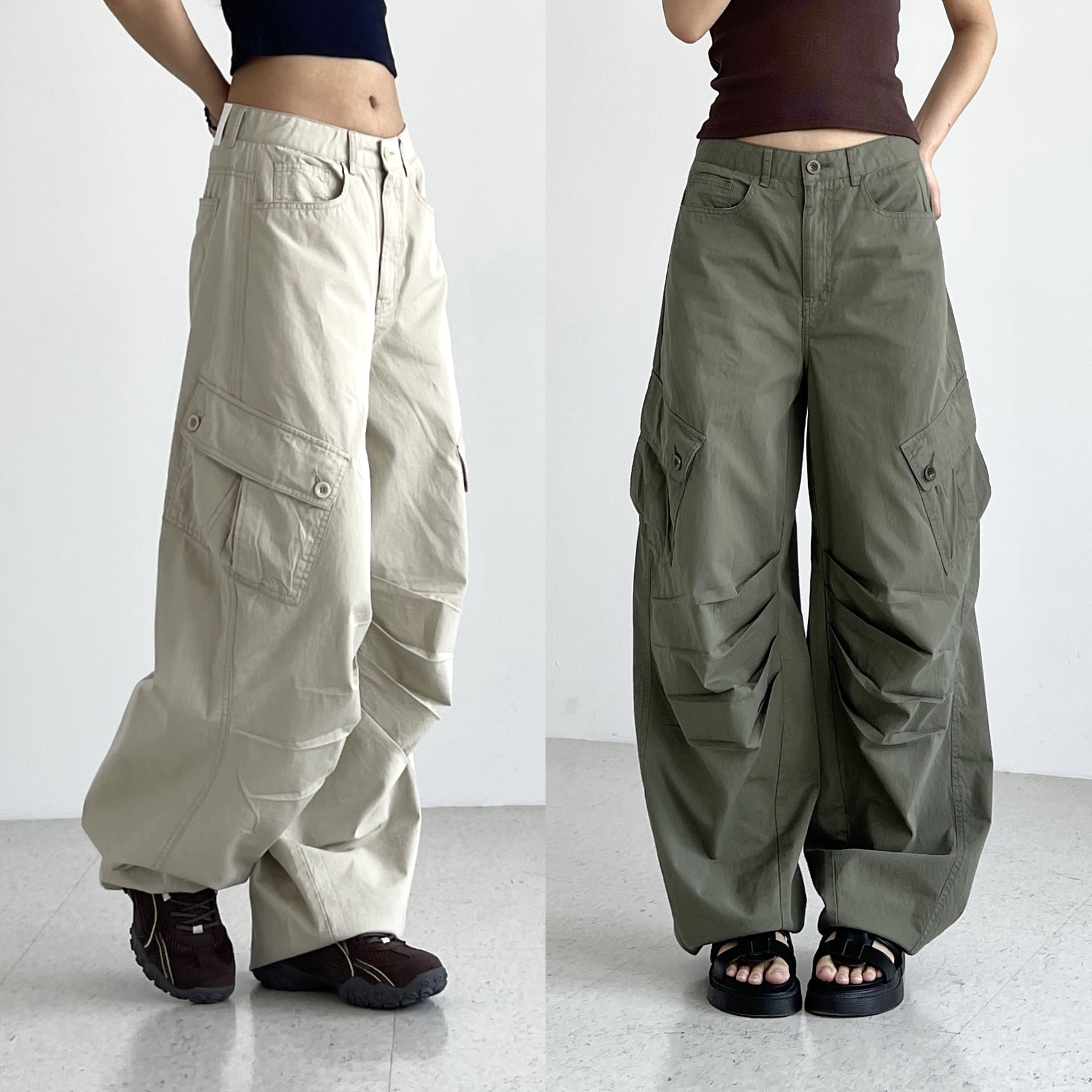 ootj 오오티제이 여성카고팬츠 코튼 면바지 봄 여름 여자 와이드 라이트 벌룬 카고팬츠
