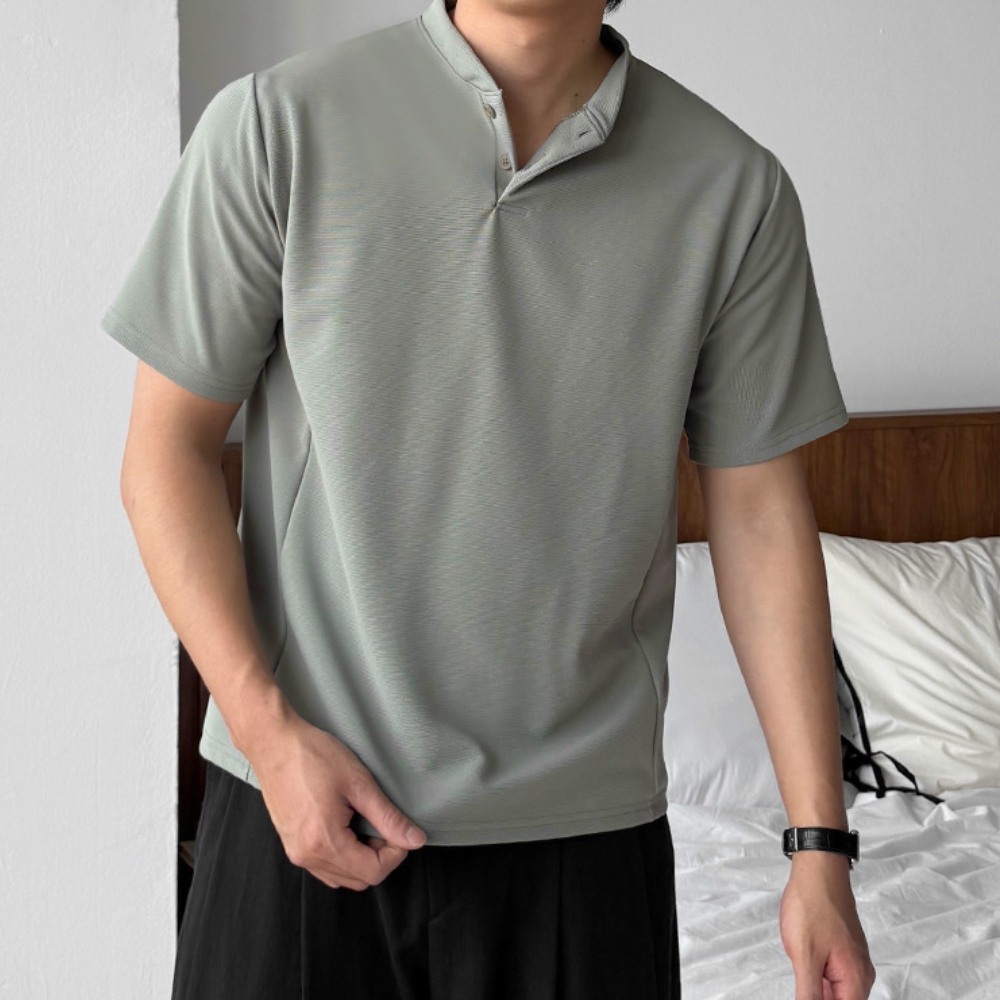 1+1 남자 릭드 오버핏 여름 헨리넥 차이나 반팔티 - 상세 이미지 2