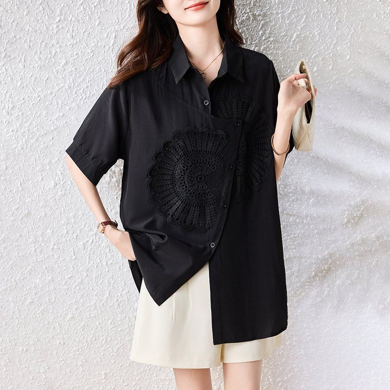 봄 여름 여성 캐주얼 크로셰 자수 언발란스 카라넥 루즈핏 빅사이즈 반팔 셔츠 블랙 - 상세 이미지 2