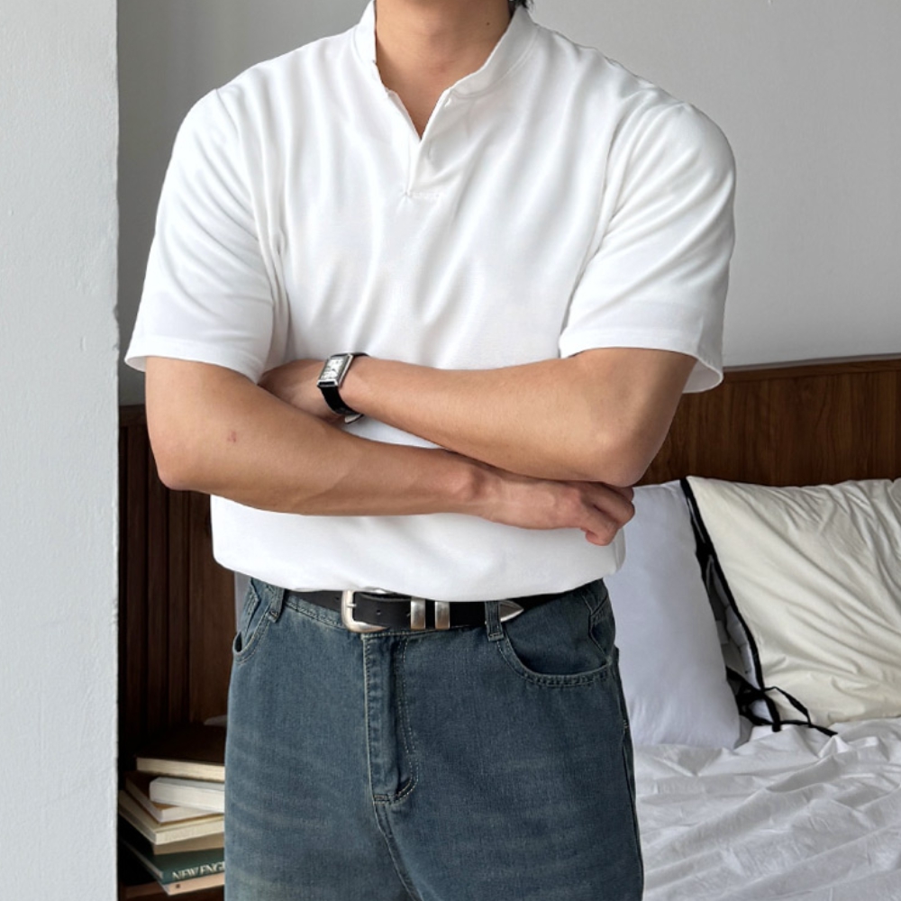 1+1 남자 릭드 오버핏 여름 헨리넥 차이나 반팔티 - 상세 이미지 3