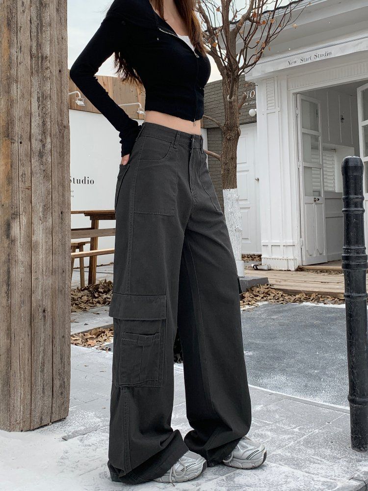 가을 여성 하이웨이스트 루즈핏 카고 포켓 와이드 롱 면 팬츠 바지 아이보리 그레이 - 상세 이미지 2