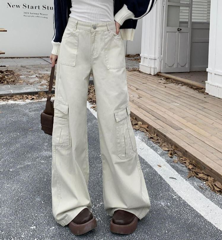 가을 여성 하이웨이스트 루즈핏 카고 포켓 와이드 롱 면 팬츠 바지 아이보리 그레이 - 상품 이미지
