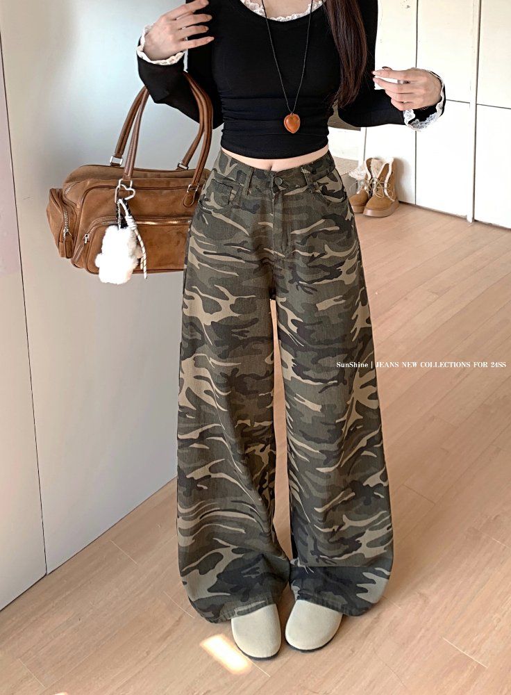 봄 가을 여성 하이웨스트 루즈핏 밀리터리 카모 카무플라주 와이드 롱 면 팬츠 바지 - 상세 이미지 3