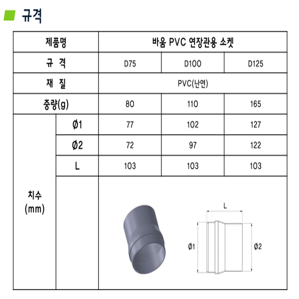 바움 PVC 소켓 75 100 125 150파이 환기자재 연결관 닥트 덕트 배관 전열교환기 - 상세 이미지 2
