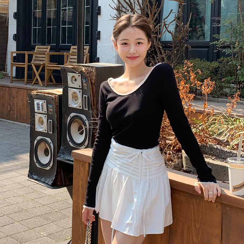 클로이 배색 레이스 U넥 긴팔 티셔츠 ts4506 - 상세 이미지 2