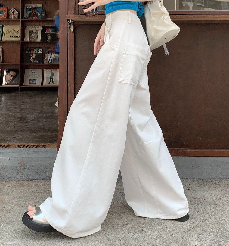 봄 여름 여성 내추럴웨이스트 루즈핏 기본 워싱 와이드 롱 면 팬츠 바지 화이트 - 상품 이미지