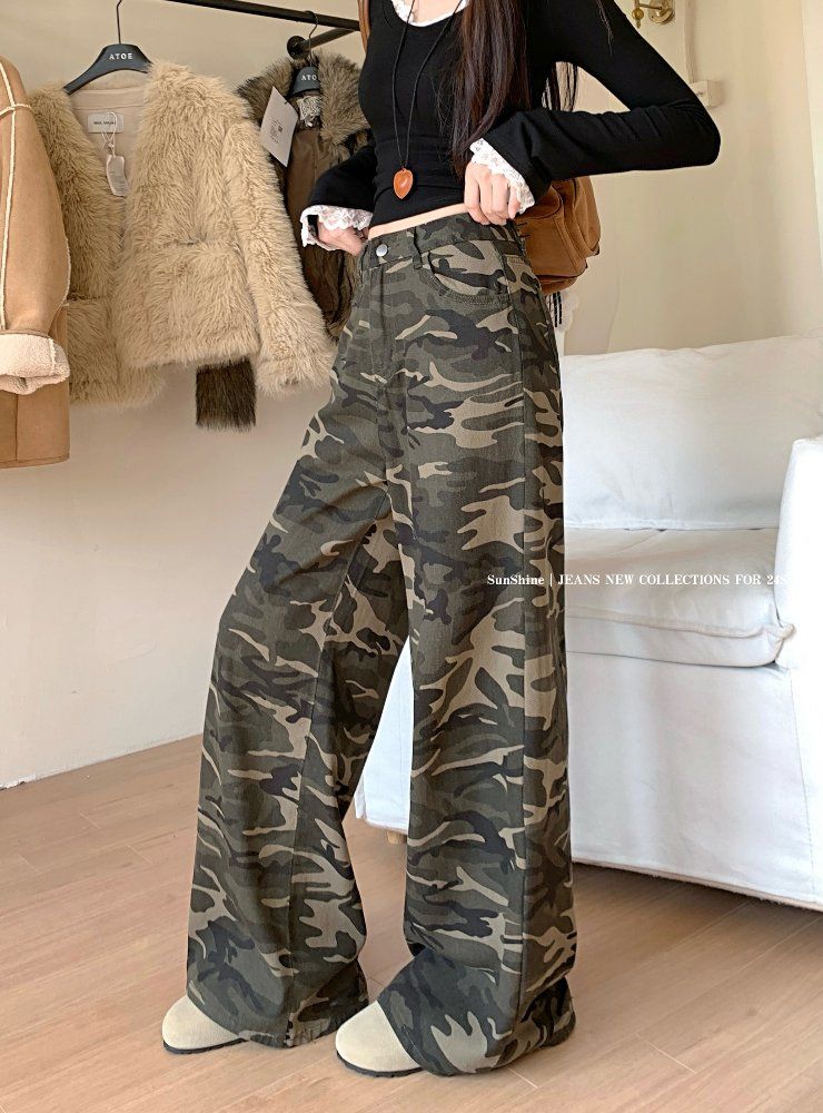 봄 가을 여성 하이웨스트 루즈핏 밀리터리 카모 카무플라주 와이드 롱 면 팬츠 바지 - 상세 이미지 2