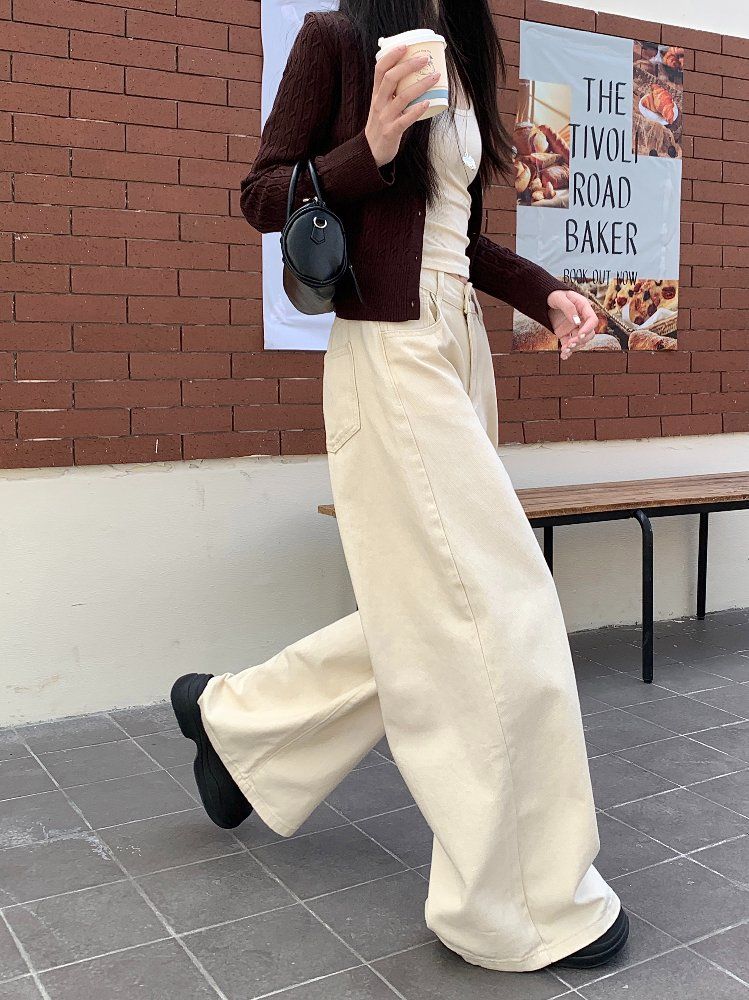 겨울 여성 하이웨이스트 루즈핏 기본 데일리 와이드 롱 면 팬츠 바지 브라운 아이보리 블랙 - 상세 이미지 3