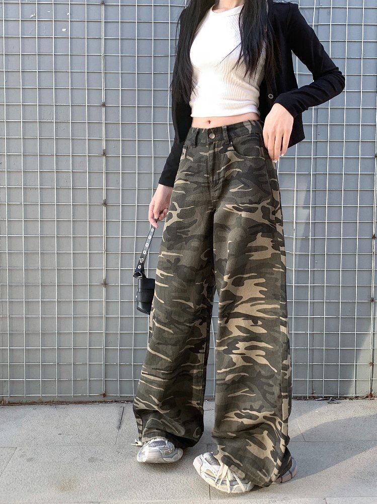 봄 가을 여성 루즈핏 밀리터리 카모 카무플라주 와이드 롱 면 팬츠 바지 - 상세 이미지 3