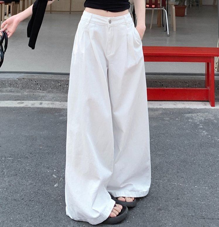봄 여름 여성 하이웨이스트 루즈핏 핀턱 워싱 와이드 롱 면 팬츠 바지 화이트 - 상품 이미지