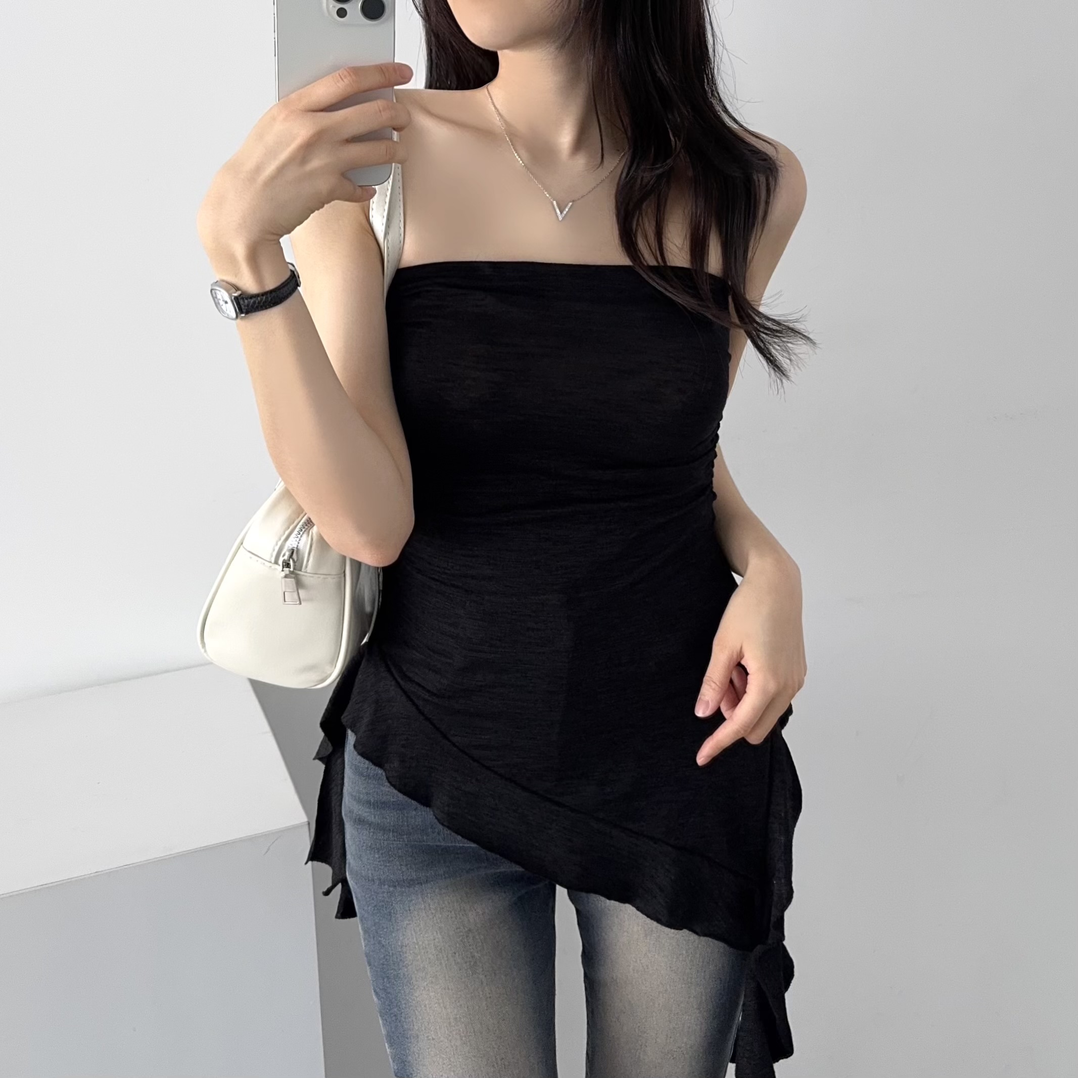 시스루레이어드원피스 뷔스티에 흰색 키작녀원피스 이미지 7
