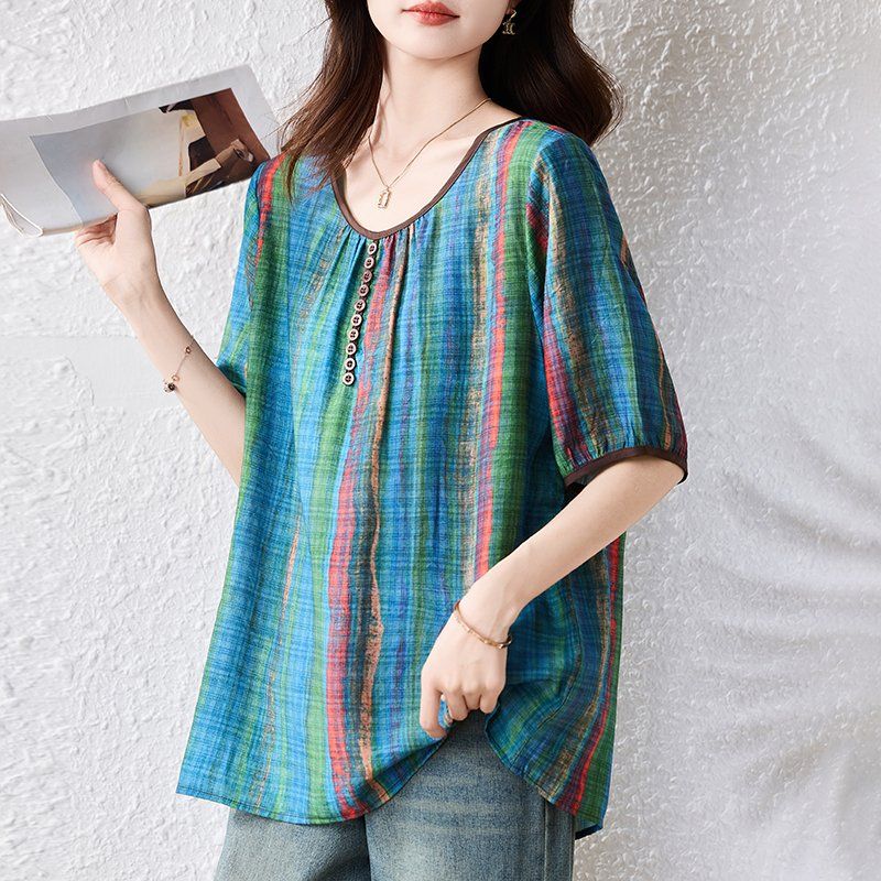 봄 여름 여성 에스닉 스트라이프 라운드넥 버튼 루즈핏 빅사이즈 반팔 블라우스 블루그린 - 상세 이미지 2