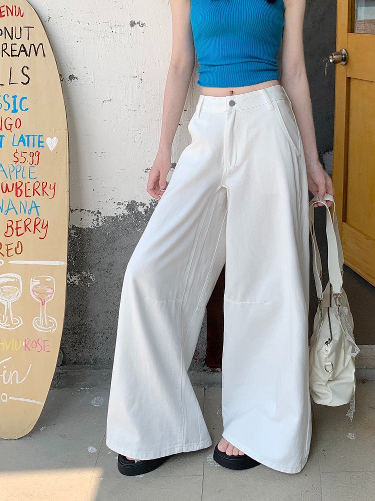 봄 여름 여성 내추럴웨이스트 루즈핏 기본 워싱 와이드 롱 면 팬츠 바지 화이트 - 상세 이미지 2