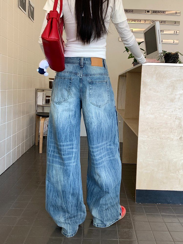 봄 가을 여성 하이웨이스트 루즈핏 빈티지 워싱 캣워싱 마사세척 와이드 롱 데님 팬츠 청바지 블루 - 상세 이미지 3