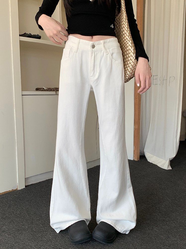 봄 가을 여성 하이웨스트 루즈핏 세미 부츠컷 와이드 롱 면 팬츠 바지 블랙 화이트 - 상세 이미지 2