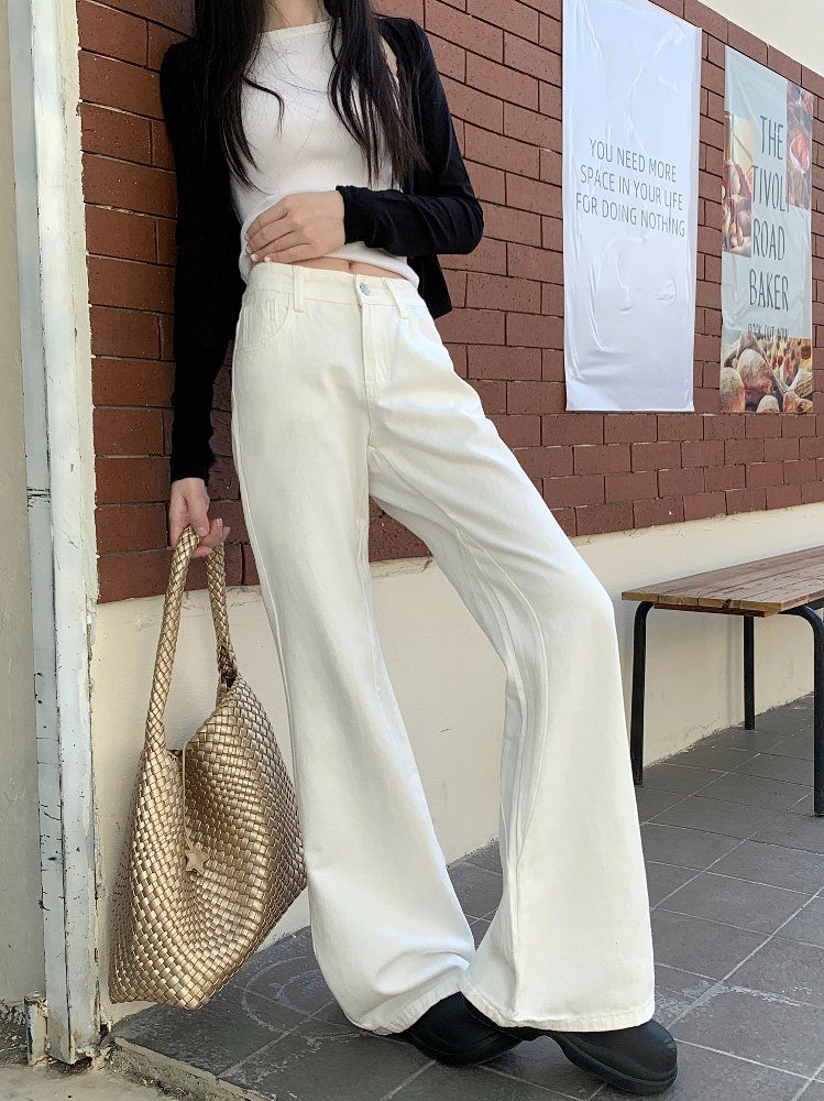 봄 가을 여성 하이웨스트 루즈핏 세미 부츠컷 와이드 롱 면 팬츠 바지 블랙 화이트 - 상세 이미지 3