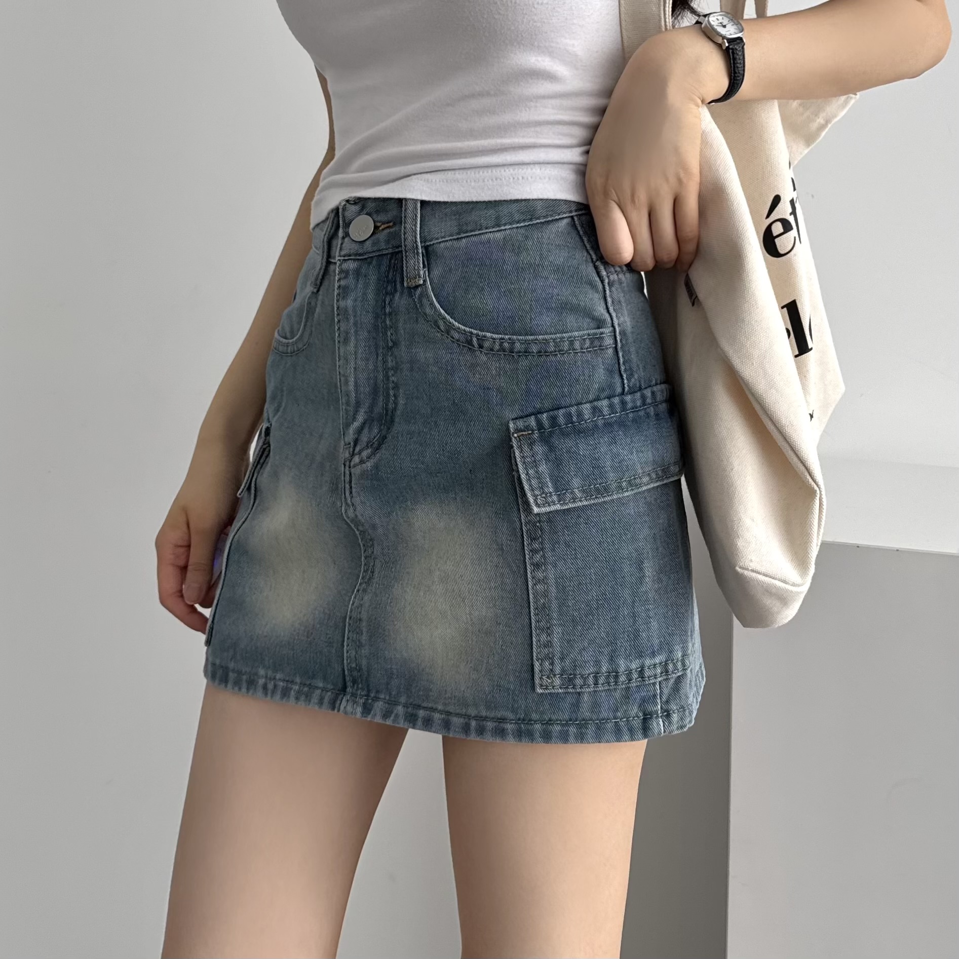청치마 카고 데님 미니 플레어 스커트 - 상품 이미지