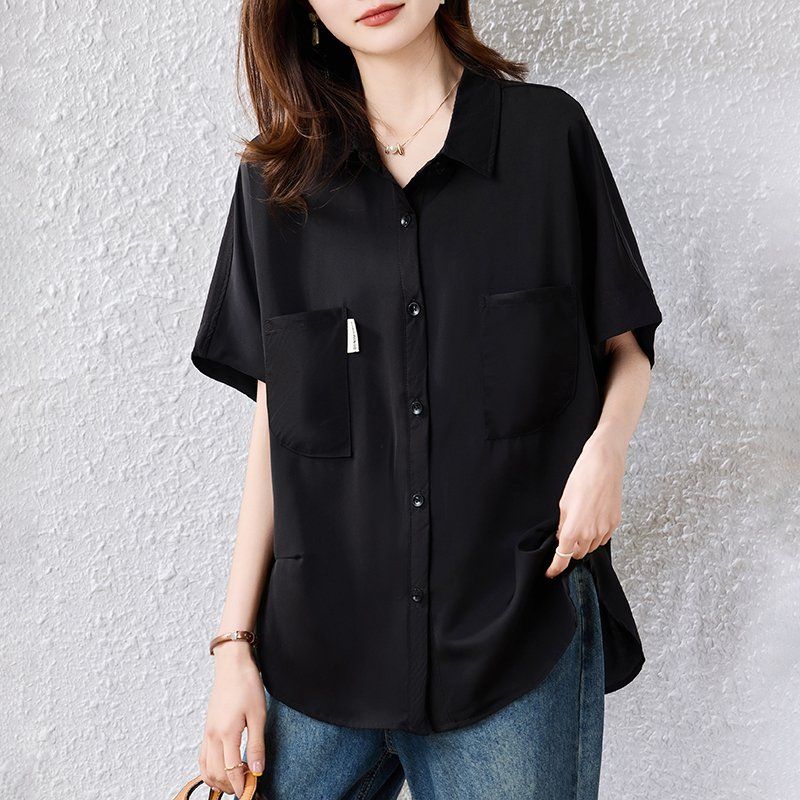 봄 여름 여성 캐주얼 카라넥 포켓 라벨 루즈핏 빅사이즈 반팔 셔츠 블라우스 블랙 - 상세 이미지 2