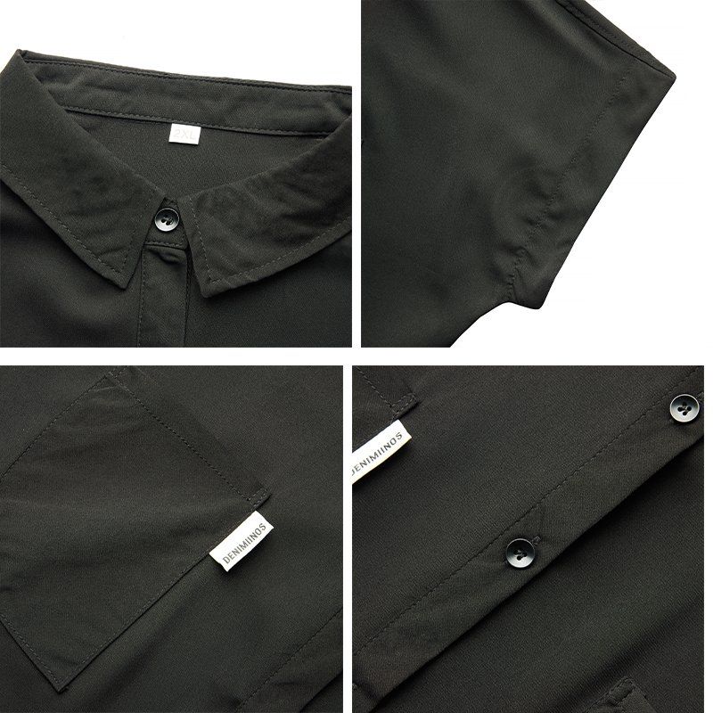 봄 여름 여성 캐주얼 카라넥 포켓 라벨 루즈핏 빅사이즈 반팔 셔츠 블라우스 블랙 - 상세 이미지 4