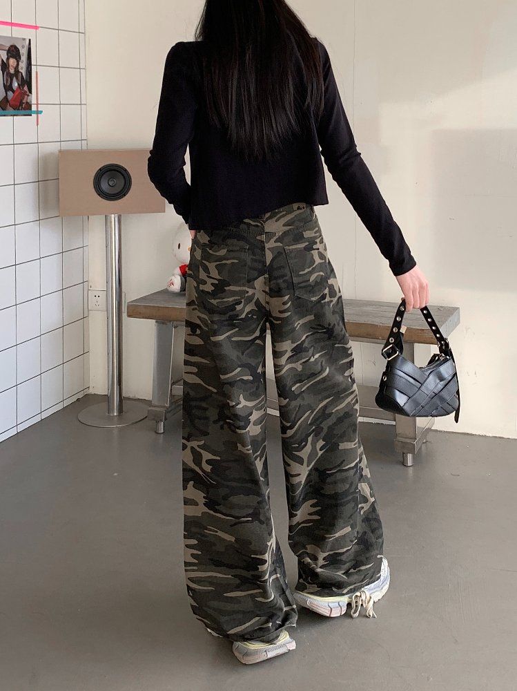 봄 가을 여성 루즈핏 밀리터리 카모 카무플라주 와이드 롱 면 팬츠 바지 - 상세 이미지 4