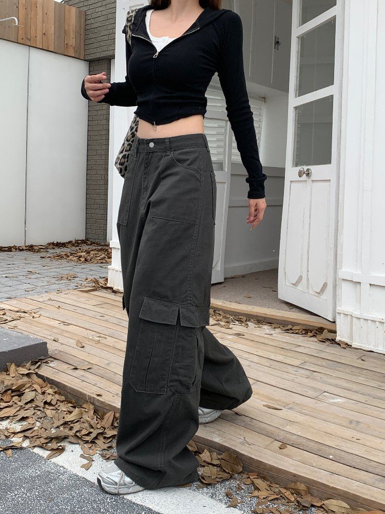 가을 여성 하이웨이스트 루즈핏 카고 포켓 와이드 롱 면 팬츠 바지 아이보리 그레이 - 상세 이미지 4