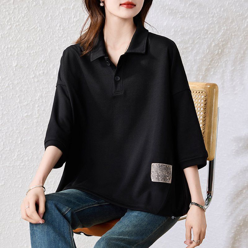 봄 여름 여성 캐주얼 레터링 프린트 카라넥 반팔 드롭숄더 빅사이즈 티셔츠 블랙 - 상세 이미지 2
